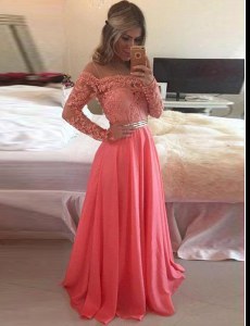Scoop Beading and Appliques Prom Dresses Watermelon Red Zipper Long Sleeves Floor Length