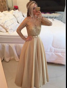 Chiffon Long Sleeves Floor Length Homecoming Dress and Beading and Lace