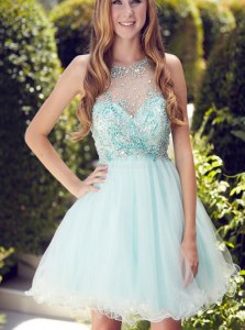 Light Blue Organza Zipper Scoop Sleeveless Mini Length Dress for Prom Beading and Ruching