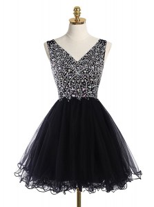 Attractive A-line Prom Party Dress Black V-neck Tulle Sleeveless Mini Length Zipper