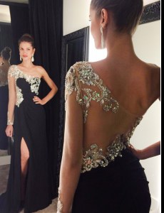 Amazing Mermaid One Shoulder Black Side Zipper Dress for Prom Beading Long Sleeves With Train Sweep Train