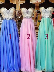 Blue Sleeveless Beading Floor Length Dress for Prom