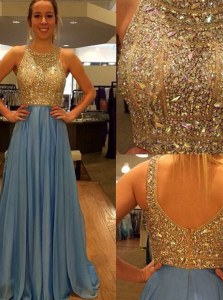 Scoop Sequins Prom Dresses Blue Zipper Sleeveless With Brush Train