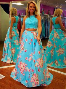 Excellent Halter Top Sleeveless Satin Prom Dress Beading and Appliques and Pattern Zipper