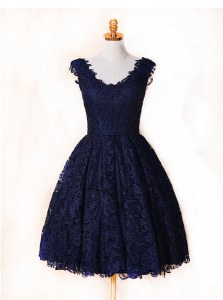 Lace Knee Length Blue and Navy Blue Prom Dress V-neck Sleeveless Zipper