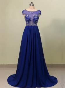 Scoop Cap Sleeves With Train Zipper Homecoming Dress Royal Blue for Prom and Party with Beading Brush Train