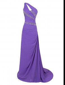 Edgy One Shoulder Purple Sleeveless Brush Train Beading Prom Dresses