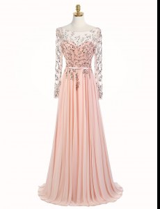Lovely Scoop Peach Long Sleeves With Train Beading Backless Prom Party Dress