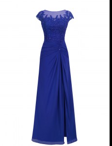 Dynamic Floor Length Royal Blue Prom Dress Scoop Cap Sleeves Zipper