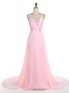 With Train Mermaid Sleeveless Pink Prom Gown Sweep Train Zipper