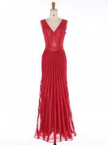 Mermaid Red V-neck Neckline Sequins Dress for Prom Sleeveless Zipper