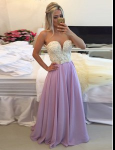 High Class Clasp Handle Scoop Sleeveless Prom Party Dress Floor Length Ruching Lavender Chiffon