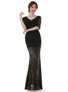 Pretty Column/Sheath Homecoming Dress Black Scoop Lace Half Sleeves Ankle Length Zipper