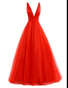 Modest Coral Red Organza Zipper Prom Dresses Sleeveless Brush Train Pleated