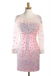 Extravagant Scoop Pink Elastic Woven Satin Zipper Prom Dress Long Sleeves Mini Length Beading