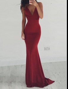 Mermaid Sleeveless Burgundy Prom Evening Gown Brush Train Backless