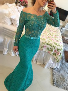 Noble Mermaid Green Backless Bateau Beading Dress for Prom Lace Long Sleeves