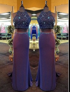 Purple Column/Sheath Beading Prom Dresses Criss Cross Chiffon Sleeveless Floor Length