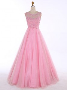 Scoop Baby Pink Sleeveless Floor Length Beading and Appliques Backless Prom Dress