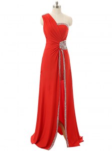 Beautiful One Shoulder Red Sleeveless Floor Length Beading and Ruching Zipper Prom Dress
