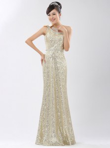 Sweet One Shoulder Champagne Sequined Zipper Dress for Prom Sleeveless Floor Length Sequins