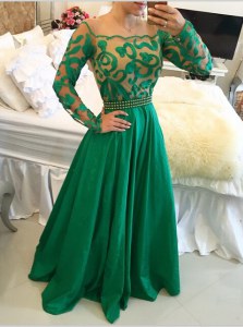 Best Selling Scoop Beading and Appliques Green Side Zipper Long Sleeves Floor Length