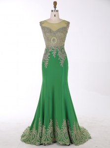 Mermaid Scoop Green Sleeveless Brush Train Beading and Appliques Prom Gown