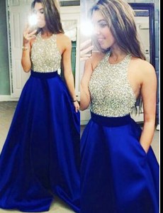 Fitting Halter Top Royal Blue Sleeveless Floor Length Beading Backless Prom Evening Gown