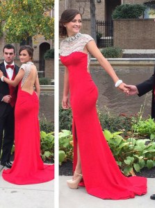 Hot Sale Backless Coral Red Cap Sleeves Court Train Beading Dress for Prom