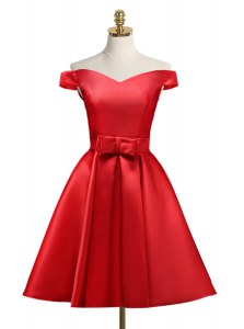 Off the Shoulder Knee Length Red Prom Dress Satin Sleeveless Bowknot