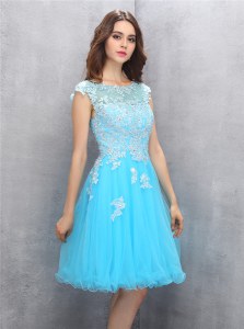 Colorful Scoop Blue A-line Beading and Appliques Prom Party Dress Zipper Organza Cap Sleeves Knee Length