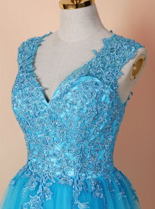 Fancy Sleeveless Tulle Knee Length Zipper in Blue with Beading and Appliques