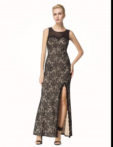Scoop Black Sleeveless Lace Ankle Length Prom Dress