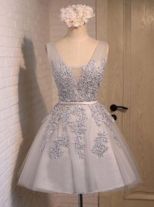 Hot Selling Grey Organza Lace Up Dress for Prom Sleeveless Mini Length Beading and Appliques