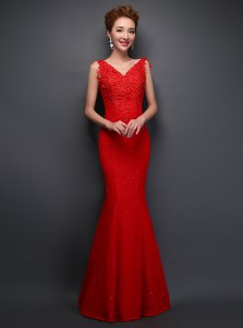 Fabulous Mermaid Floor Length Lace Up Homecoming Dress Red for Prom and Party with Beading and Appliques