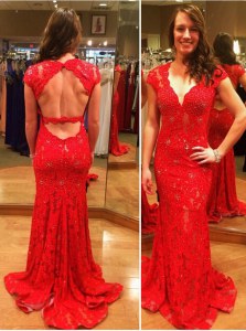 Mermaid Backless With Train Red Prom Gown Lace Court Train Cap Sleeves Lace