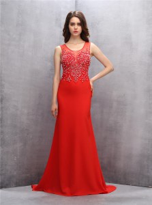 Discount Red Mermaid Chiffon Scoop Sleeveless Beading and Sequins With Train Zipper Dress for Prom Brush Train