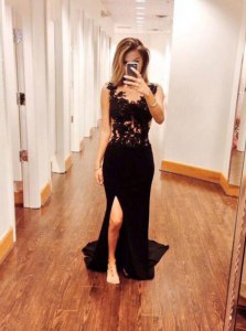 Mermaid Scoop Zipper Prom Gown Black for Prom and Party with Appliques Brush Train