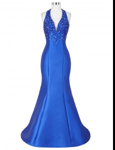 Modern Mermaid Royal Blue Halter Top Neckline Beading Prom Party Dress Sleeveless Lace Up