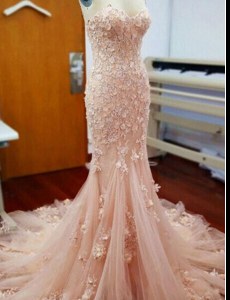 Mermaid Baby Pink Tulle Zipper Sweetheart Sleeveless With Train Prom Gown Chapel Train Appliques