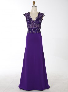 Mermaid Purple Chiffon Zipper Prom Dress Sleeveless With Brush Train Beading
