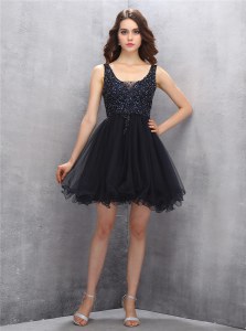 Smart Square Sleeveless Tulle Mini Length Zipper Prom Dress in Black with Beading