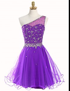 Purple One Shoulder Neckline Beading Prom Dress Sleeveless Zipper