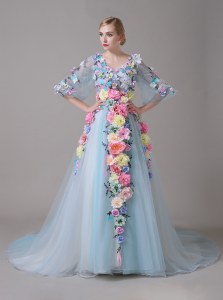 Fine Half Sleeves With Train Zipper Prom Party Dress Blue for Prom and Party with Hand Made Flower Court Train