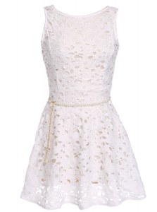 White Lace Zipper Scoop Sleeveless Mini Length Prom Party Dress Lace and Belt