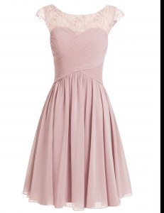 Elegant Pink Chiffon Zipper Scoop Cap Sleeves Knee Length Prom Gown Beading