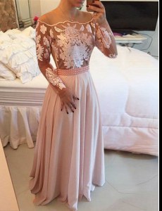 On Sale Scoop Pink Long Sleeves Chiffon Side Zipper Prom Dress for Prom