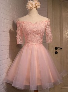 Traditional Off the Shoulder Peach Organza Lace Up Dress for Prom Short Sleeves Mini Length Appliques