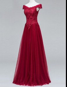 Fashion Short Sleeves Floor Length Zipper Prom Party Dress Wine Red for Prom with Lace