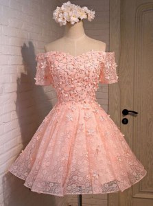 Traditional Peach Homecoming Dress Prom and For with Appliques Off The Shoulder Sleeveless Lace Up